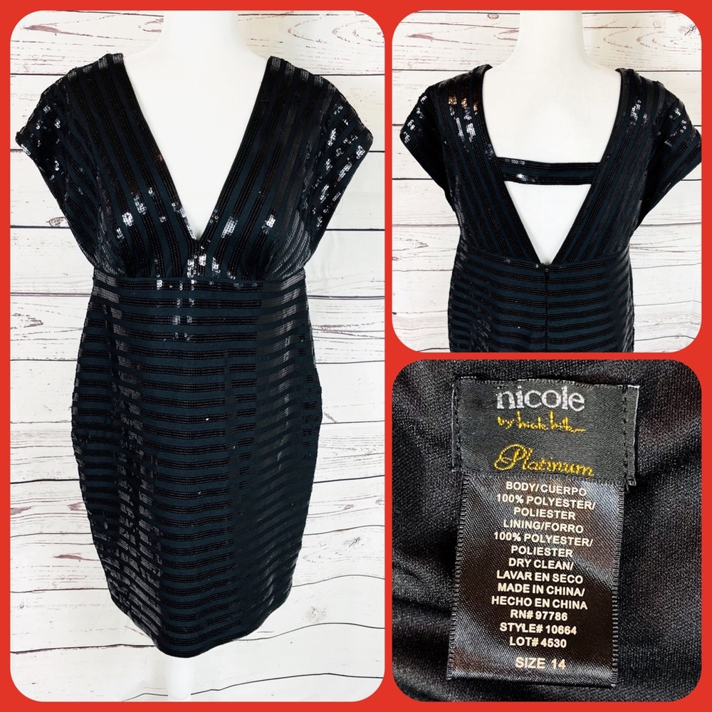 Nicole Miller Platinum Black Sequin V-Neck Dress